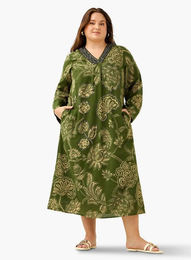 Ulla Popken Plus Size Ulla Popken Floral Print Kaftan Cotton Dress with Neck Embellishment